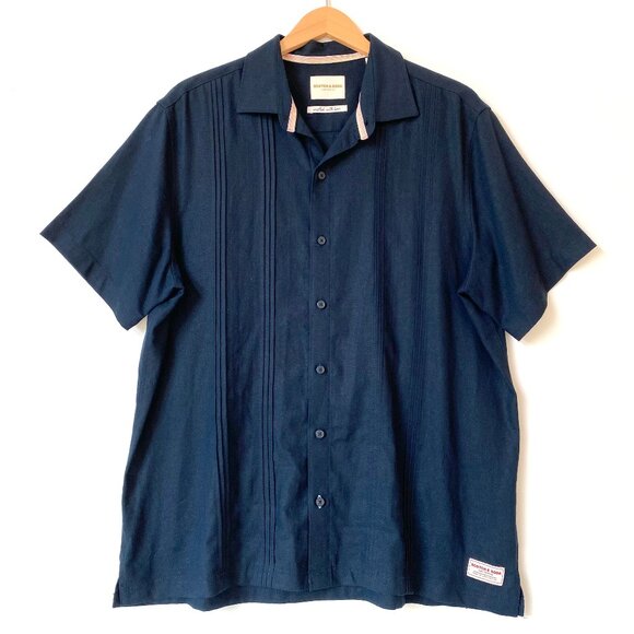 Scotch & Soda Amsterdam Mens Linen Blend Navy Button Up Shirt Sz L Short Sleeve - Picture 1 of 11
